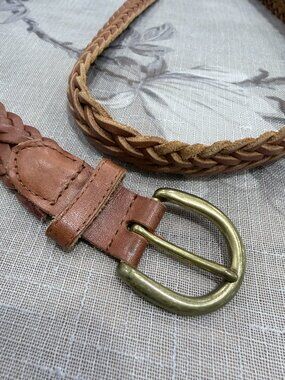 Vintage Genuine Leather Braided Belt Cognac Tan Solid Brass Boho Western 53”